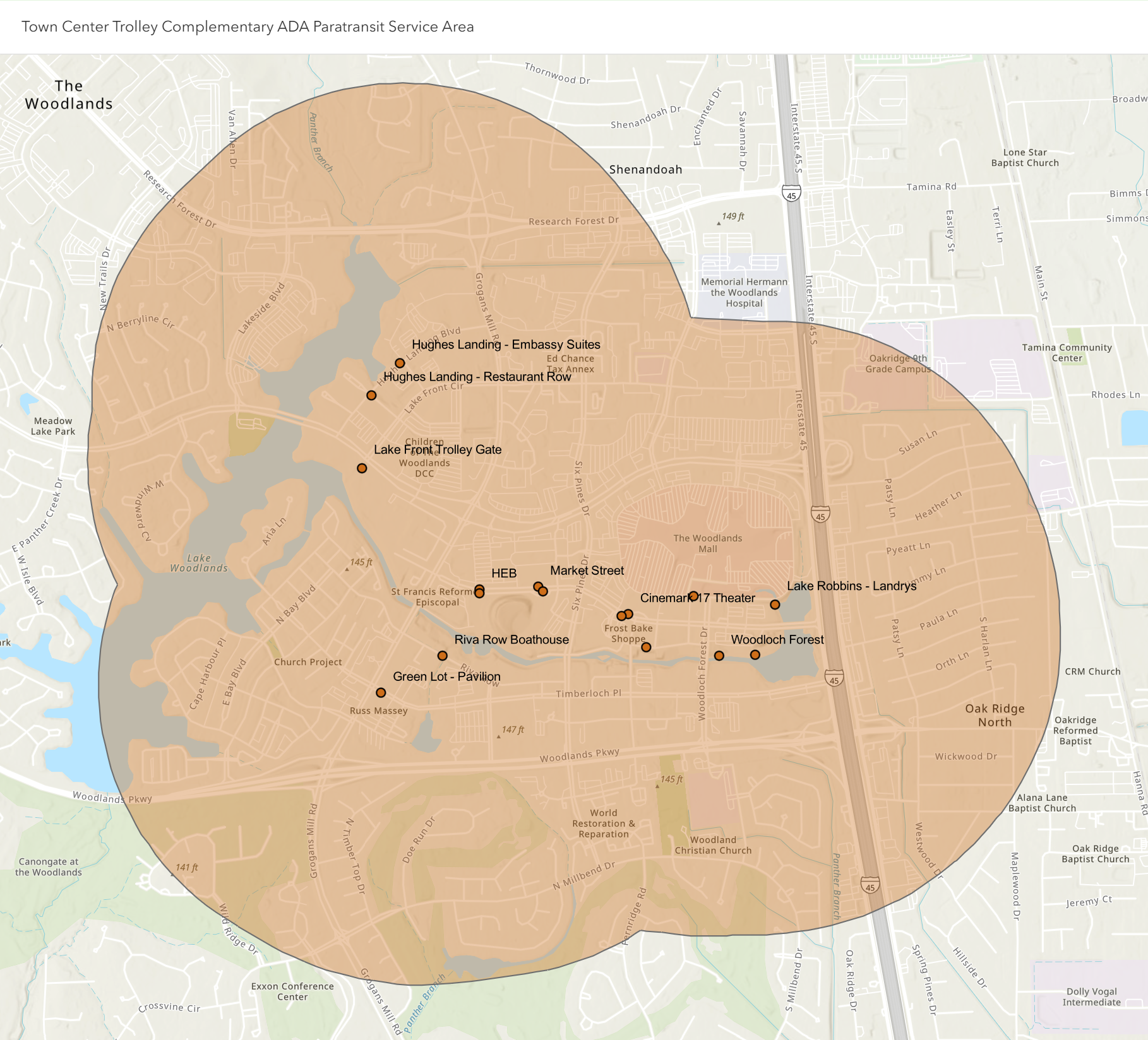 Map of Town Center Trolley Complementary ADA Paratransit Service Area